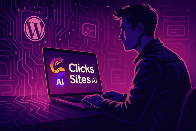 Man using laptop showing Clicks Sites AI logo in a neon digital-themed environment.