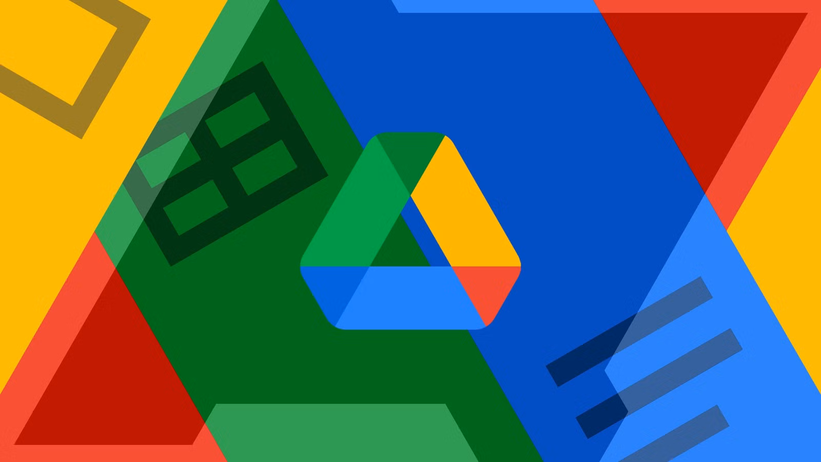 Google Drive logo in multi-colored abstract layered geometric shapes background.