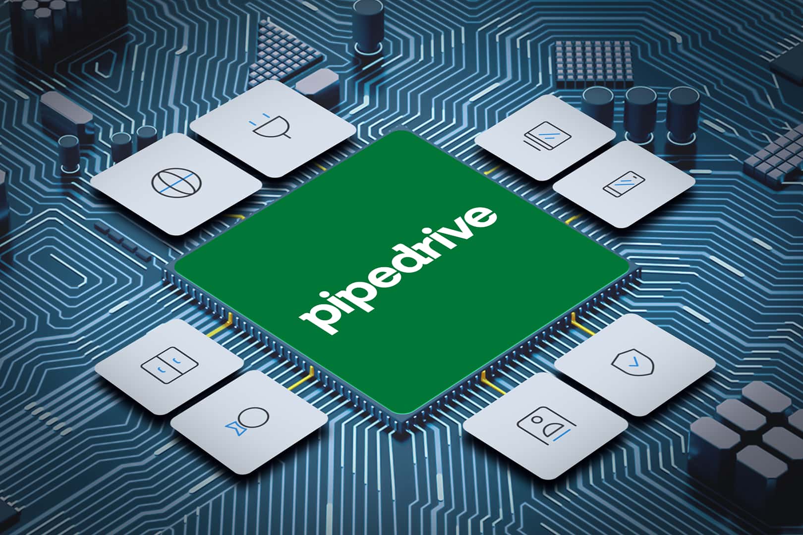 Circuit board with a green chip labeled piperdrive surrounded by icons representing connectivity and data.