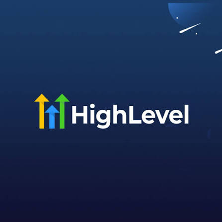 HighLevel logo with three upward arrows in yellow, blue, and green on a dark blue background.