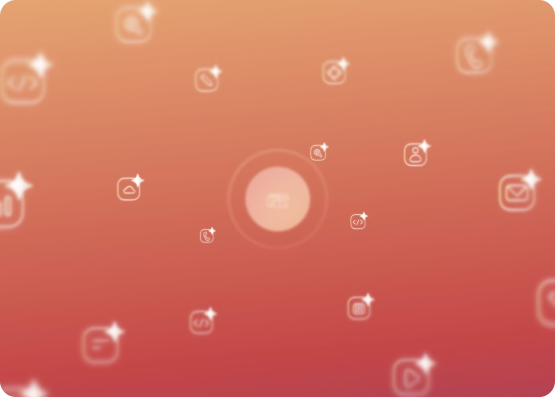 Blurry orange gradient background with faint glowing app icons scattered across.