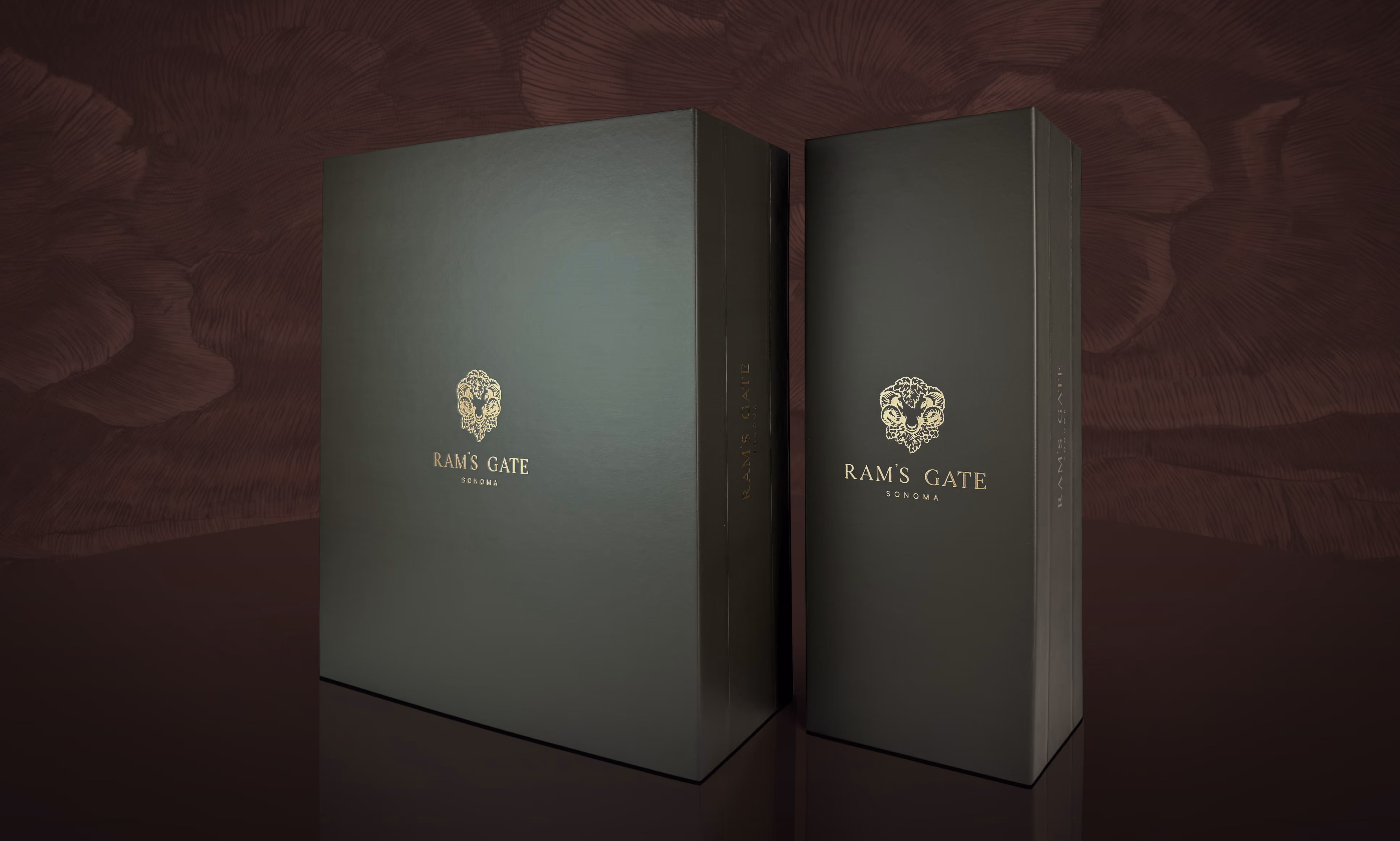 Premium 1-bottle and 3-bottle Ram's Gate wine boxes standing next to each other in an artsy background.