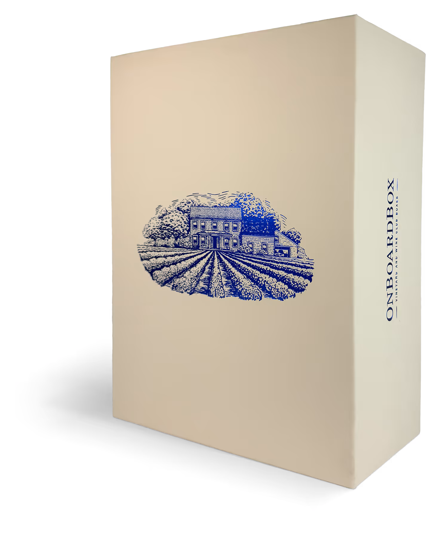 Premium Onboardbox wine bottle box with detailed blue foil vineyard sketch and logotype.