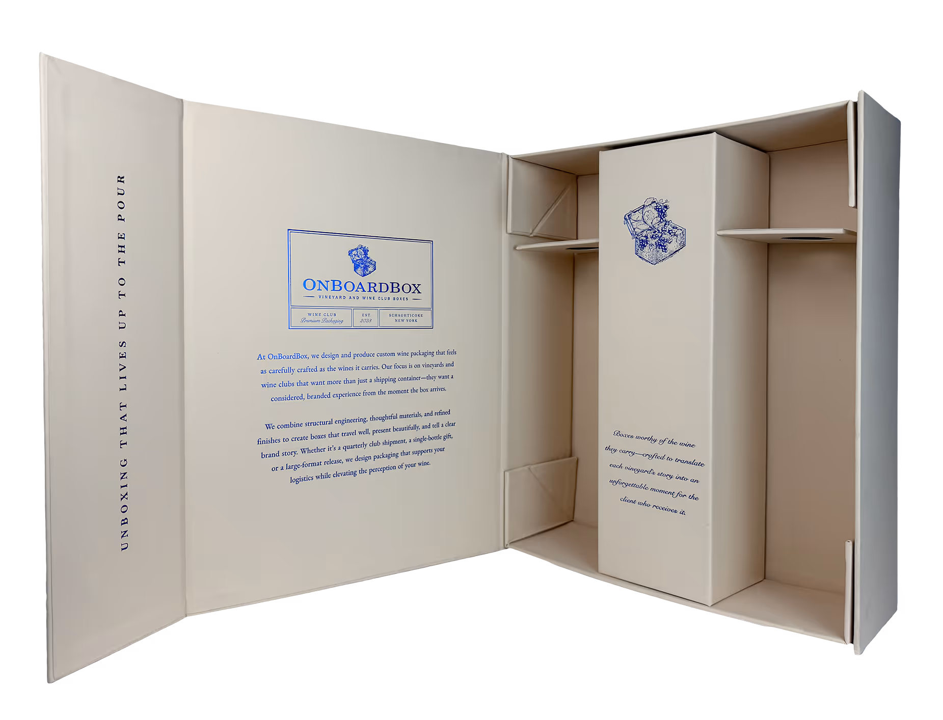 Premium beige open Onboardbox collapsible rigid box with highly detailed blue foiled logos.