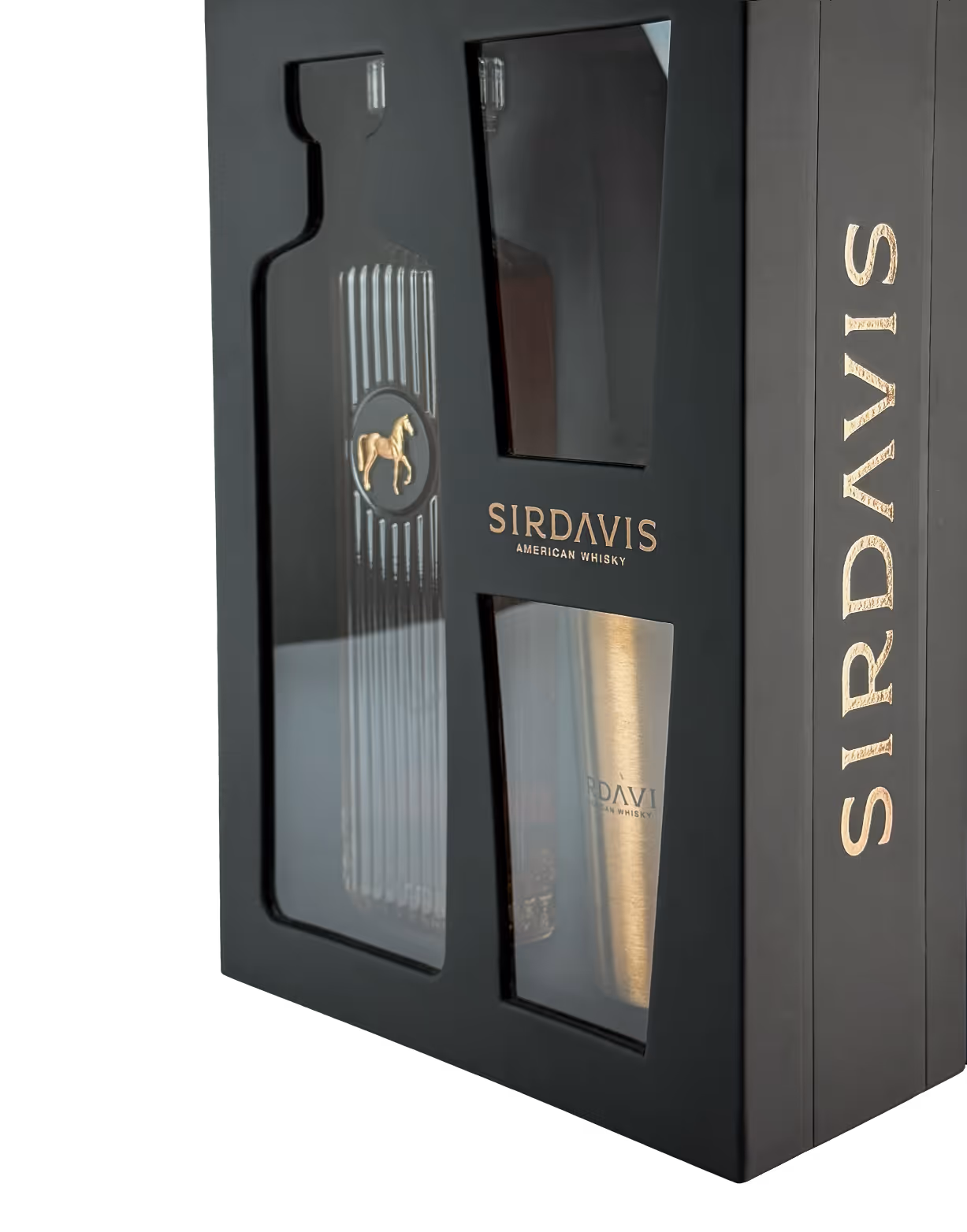 Side view of a Sirdavis holday VAP box with see-through windows showcase the branded bottle and cups inside.