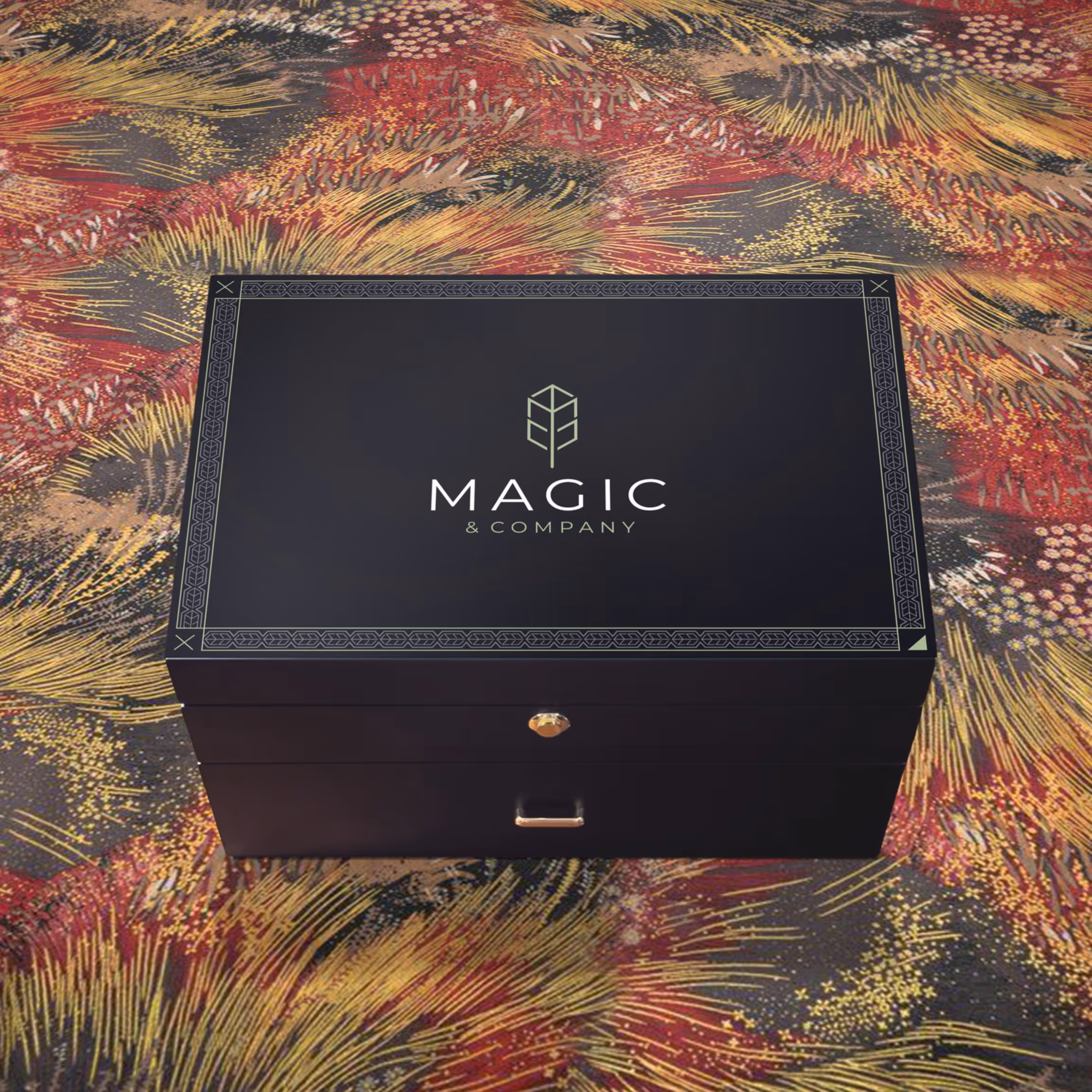 A black wooden double-decker box for Magic & Co Investor in an artsy background.
