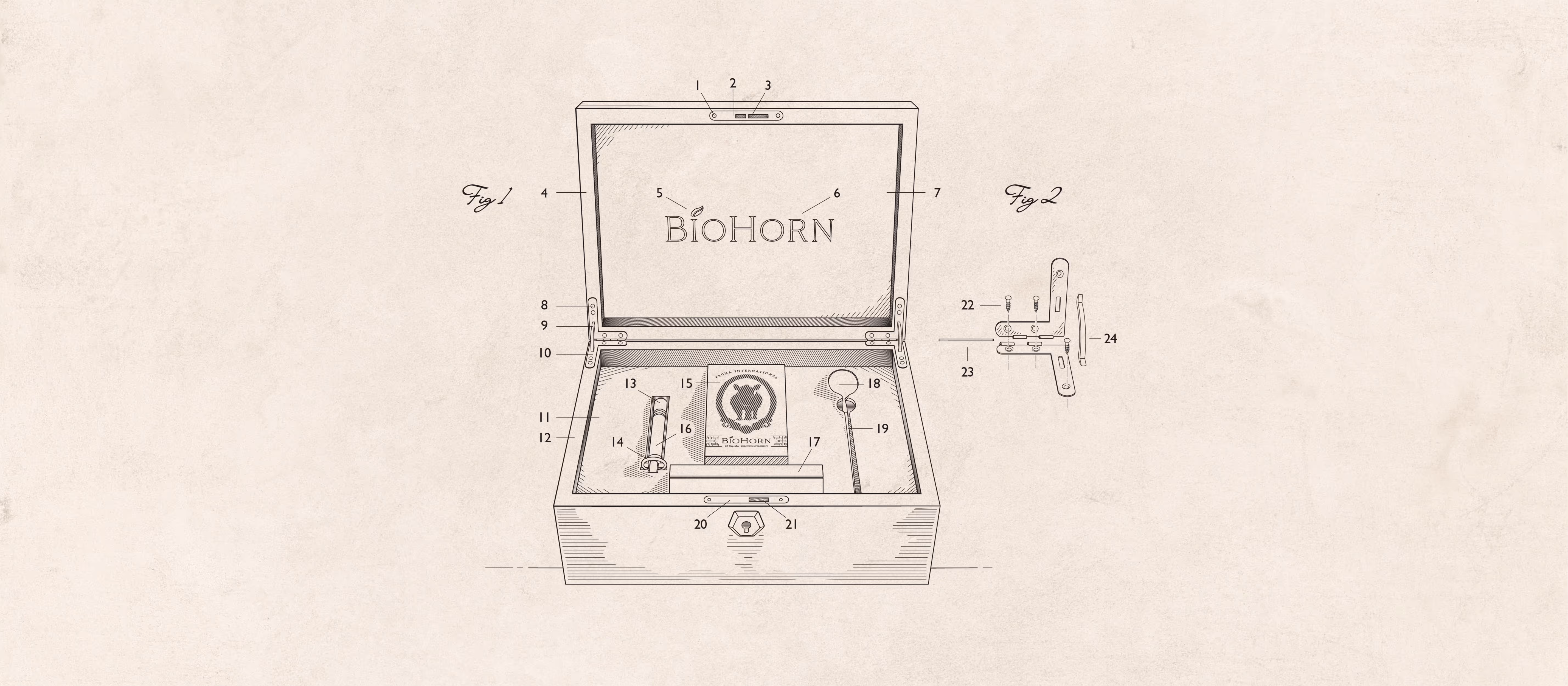 A technical illustration demonstrating the fine details and items of a wooden display box.