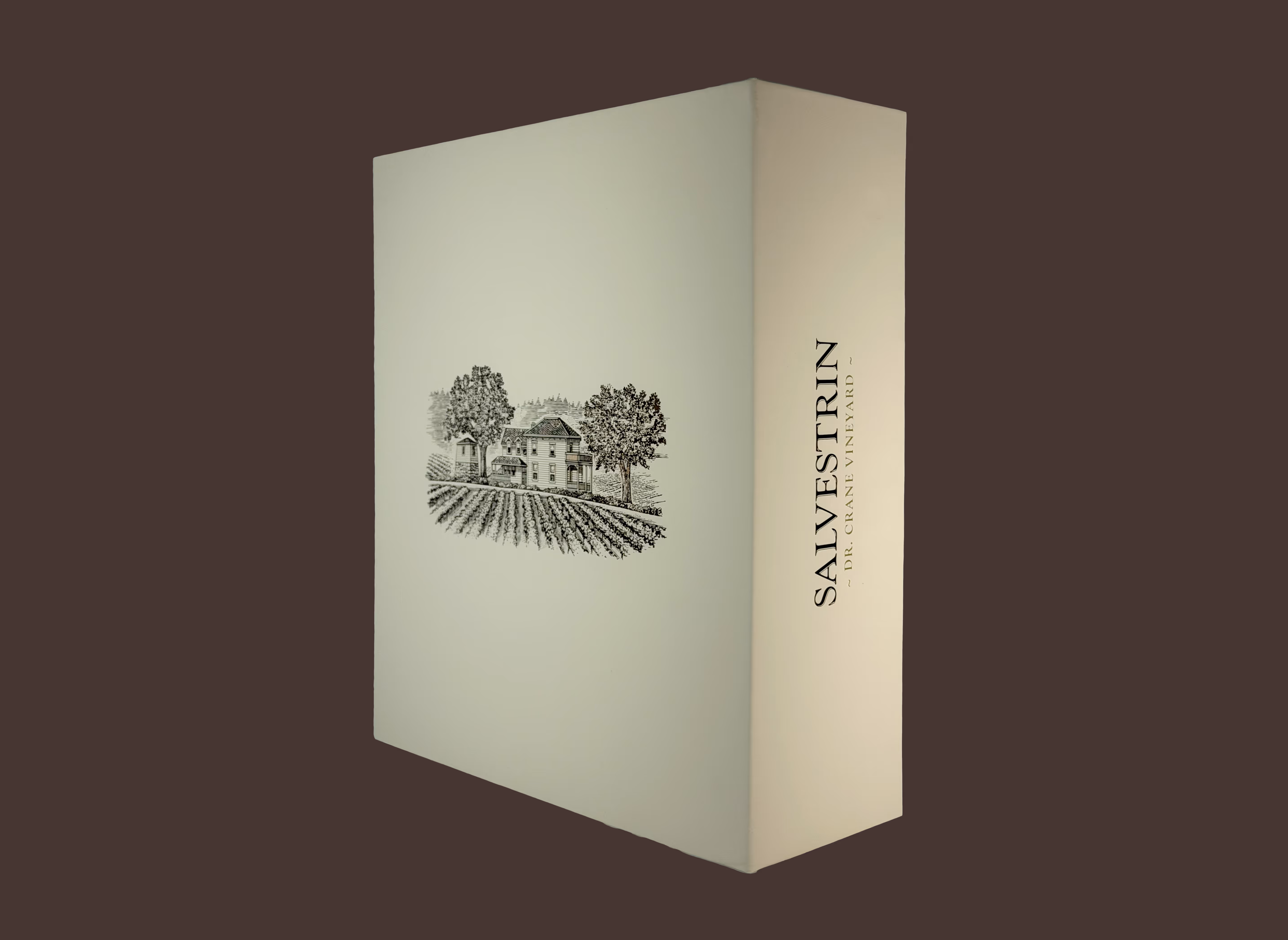 A premium beige color Salvestrin 3-bottle wine box with high-end brown foil logos on the front and side.