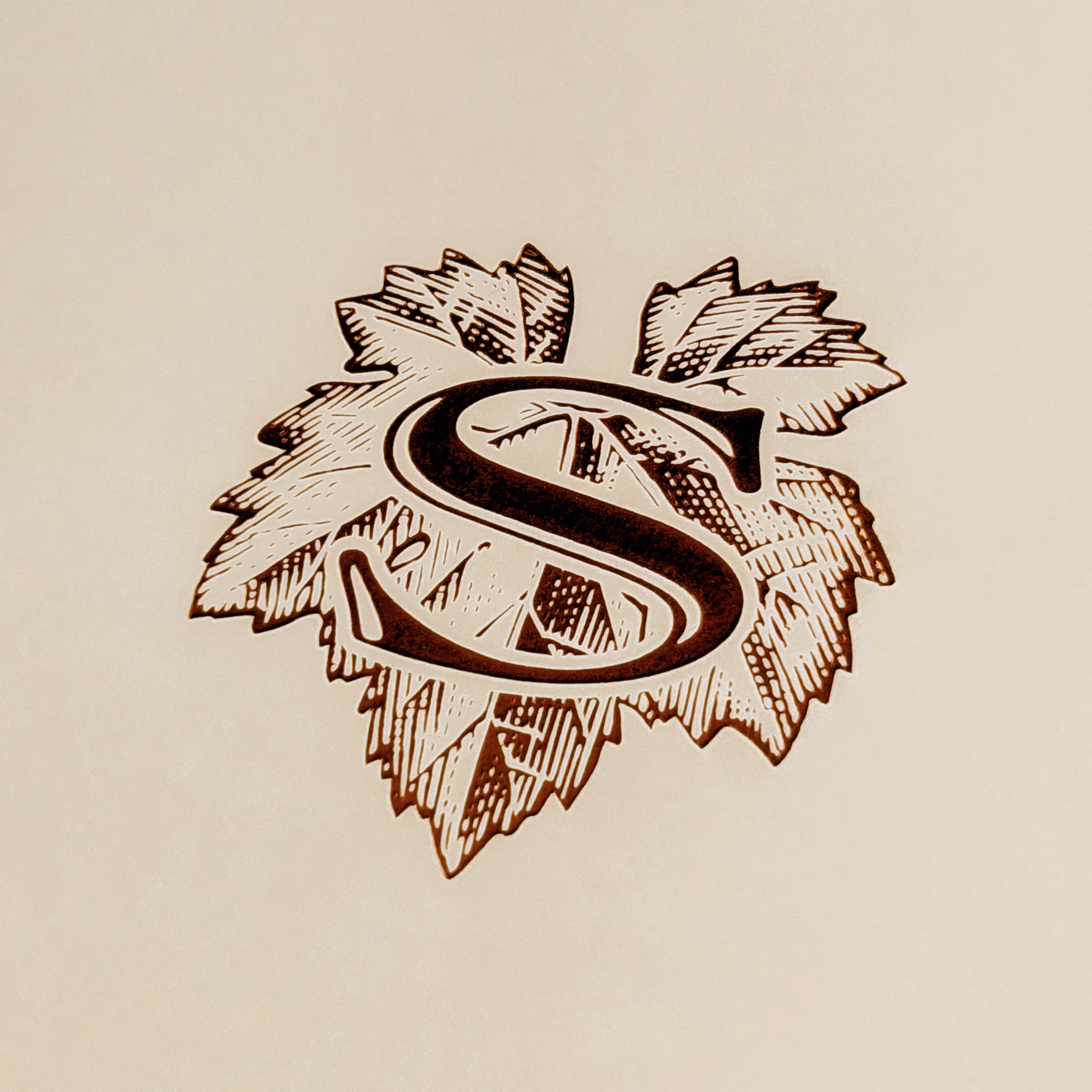 Closeup of a brown foil Salvestrin icon logo on the wine box.