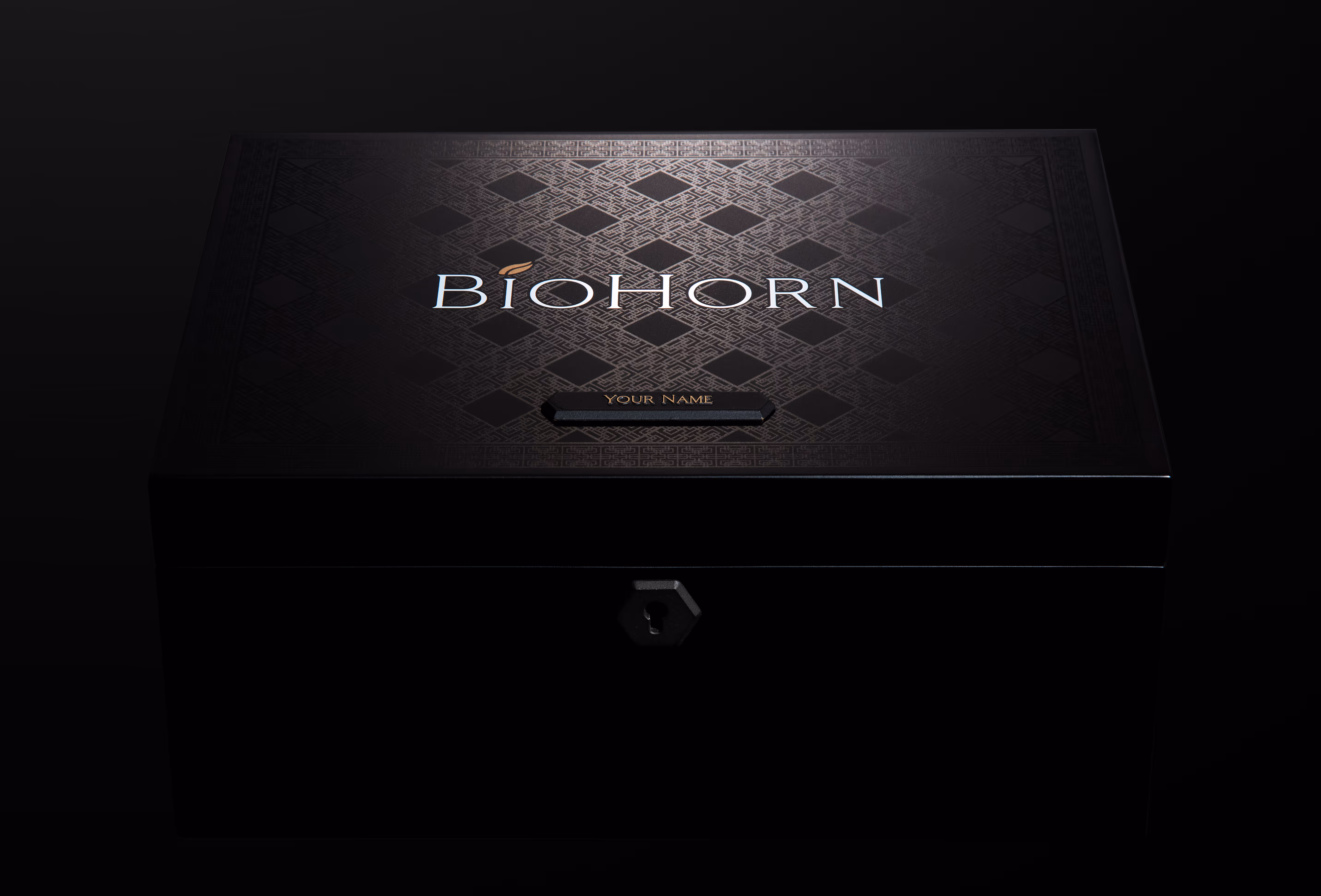 The All Black BioHorn display box emerges from the dark.