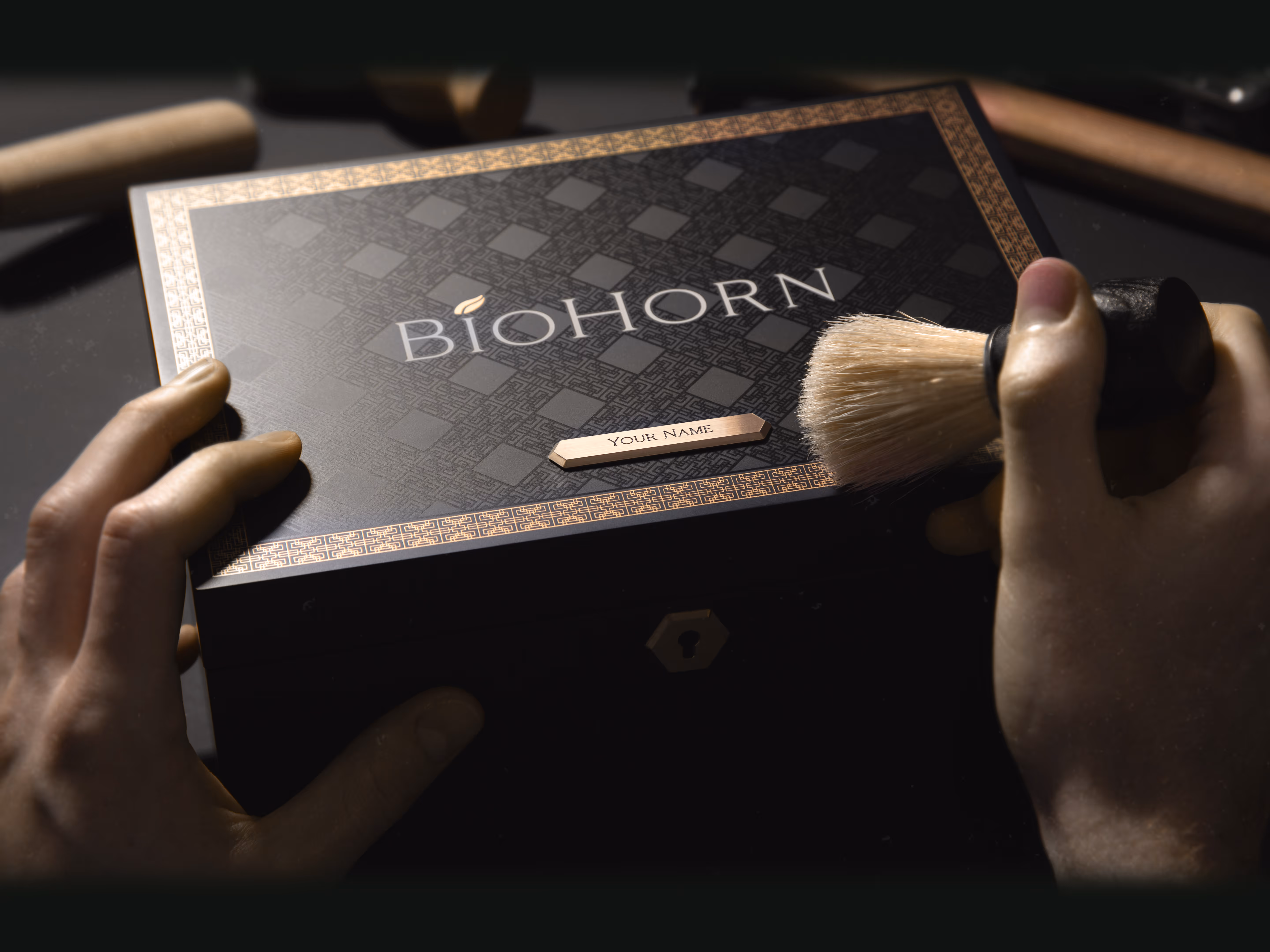 A BioHorn display box being carefully dusted off.