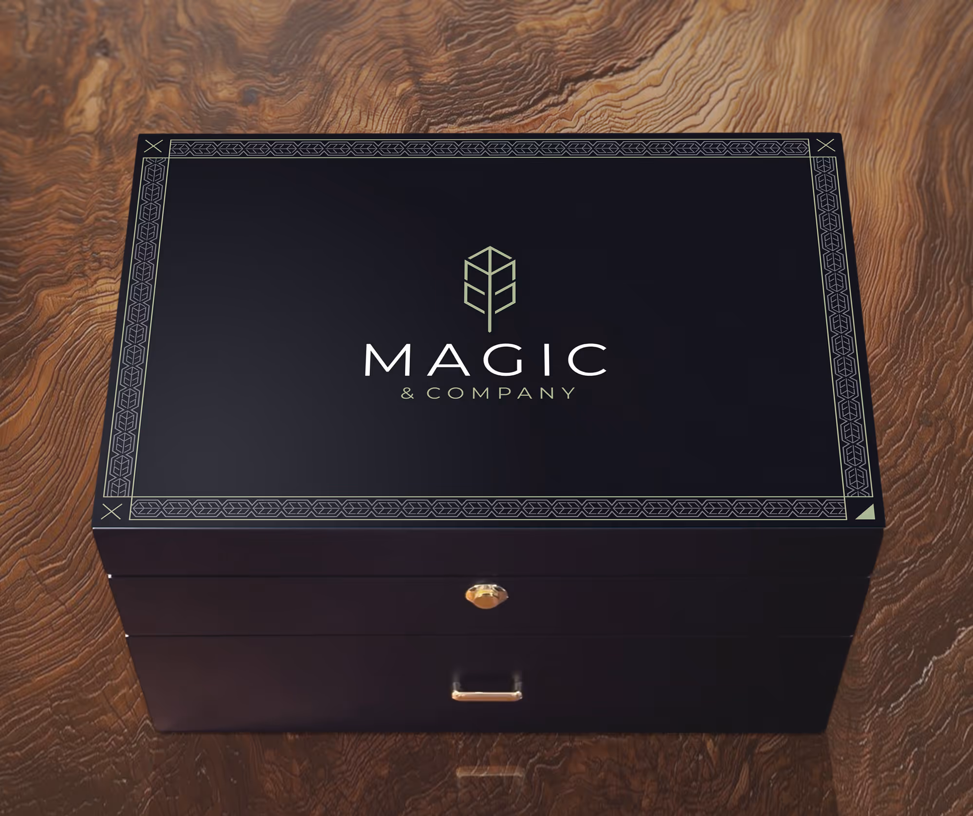 A black wooden double-decker box for Magic & Co Investor in an wooden background.