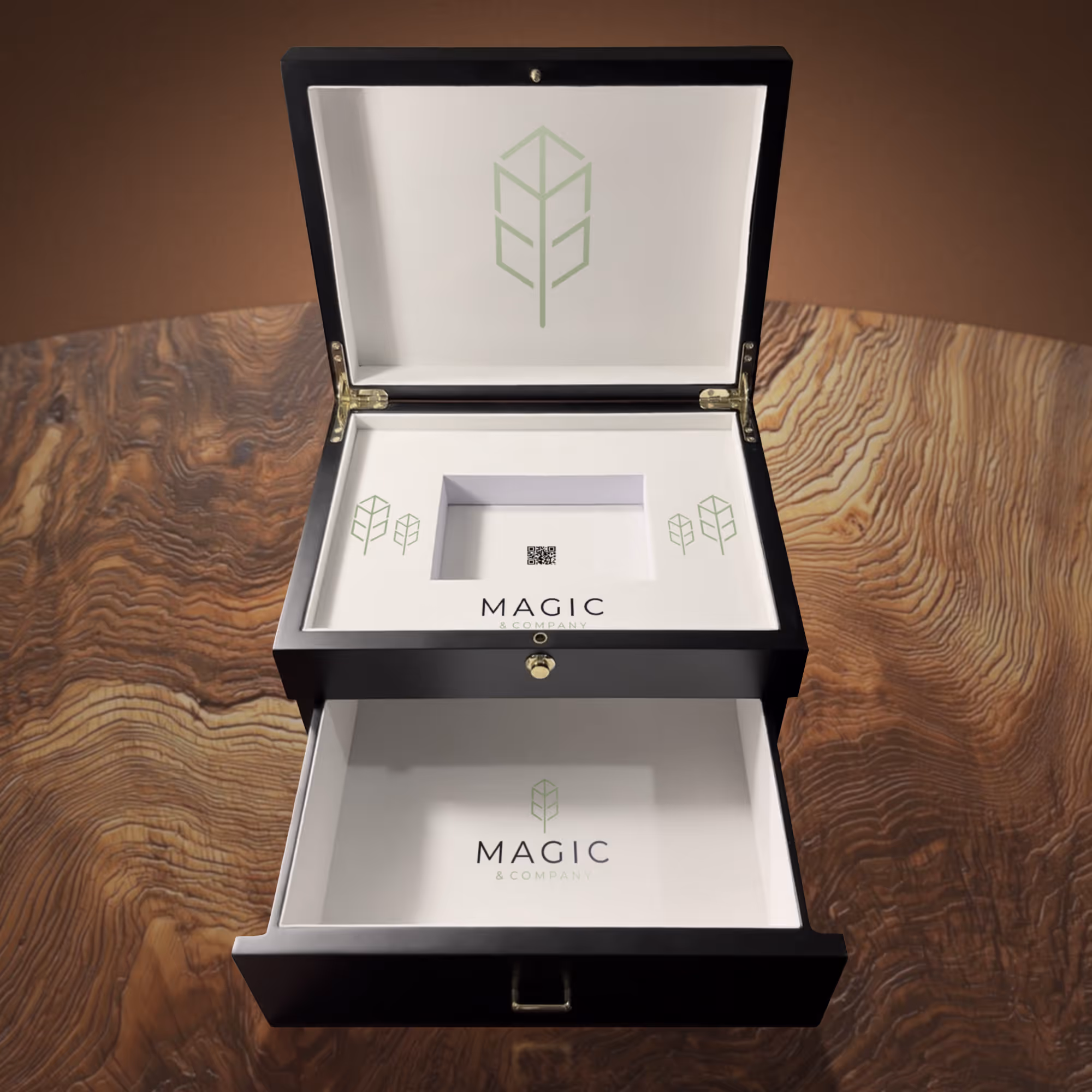 Open Magic and Co Investor double-decker box with fully open drawer on the bottom. 