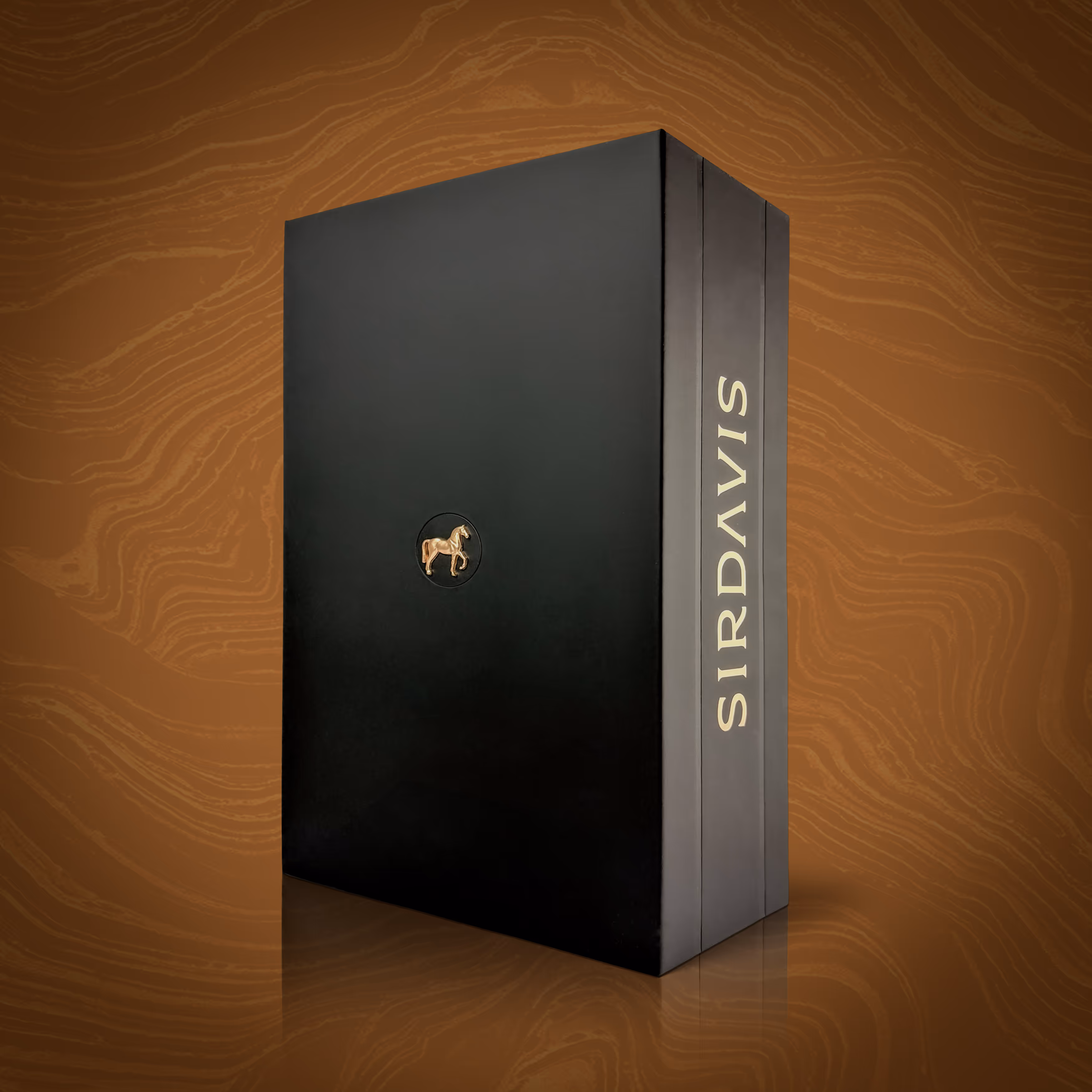 A premium leather-wrapped magnetic closure box with branded medallion and rose gold foil.