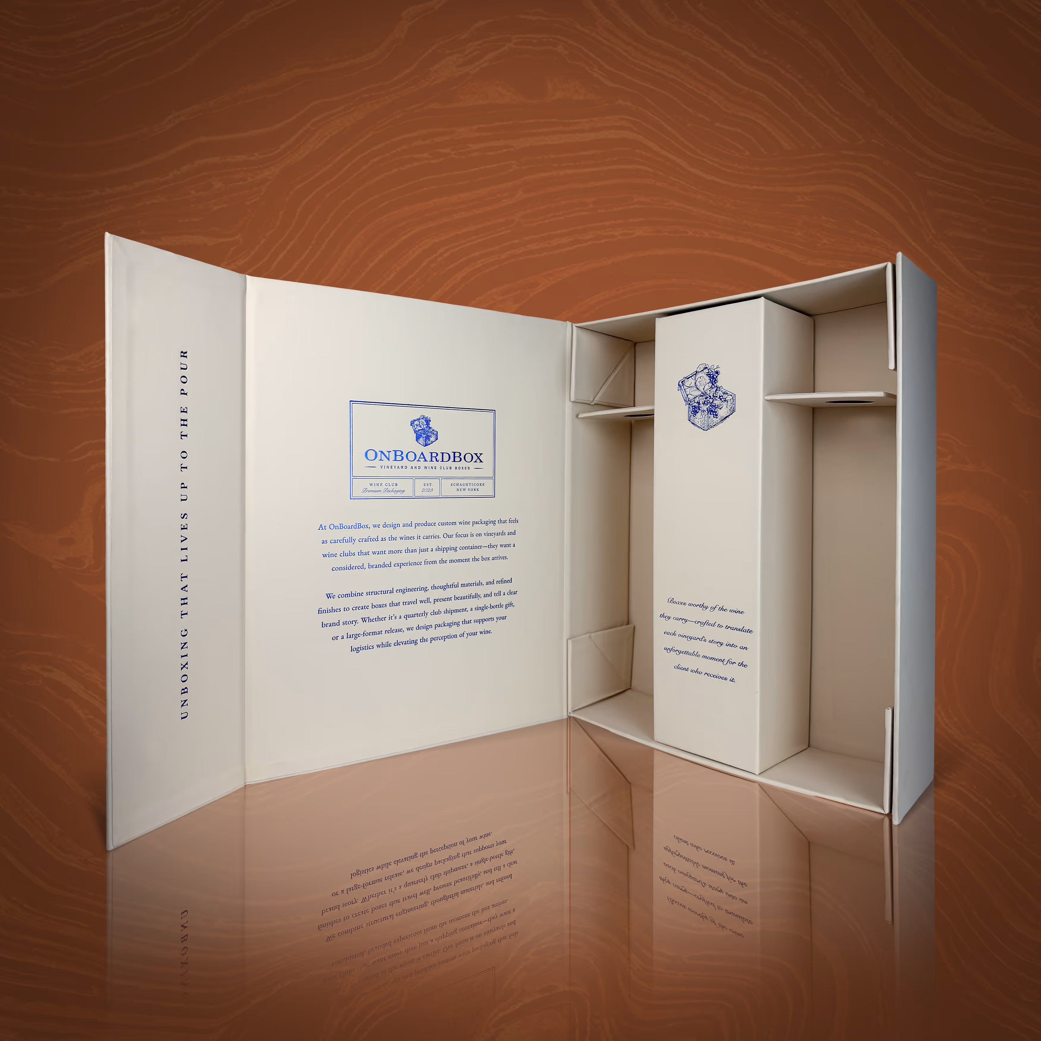 A beige color collapsible rigid box with deep blue foil logos and texts.