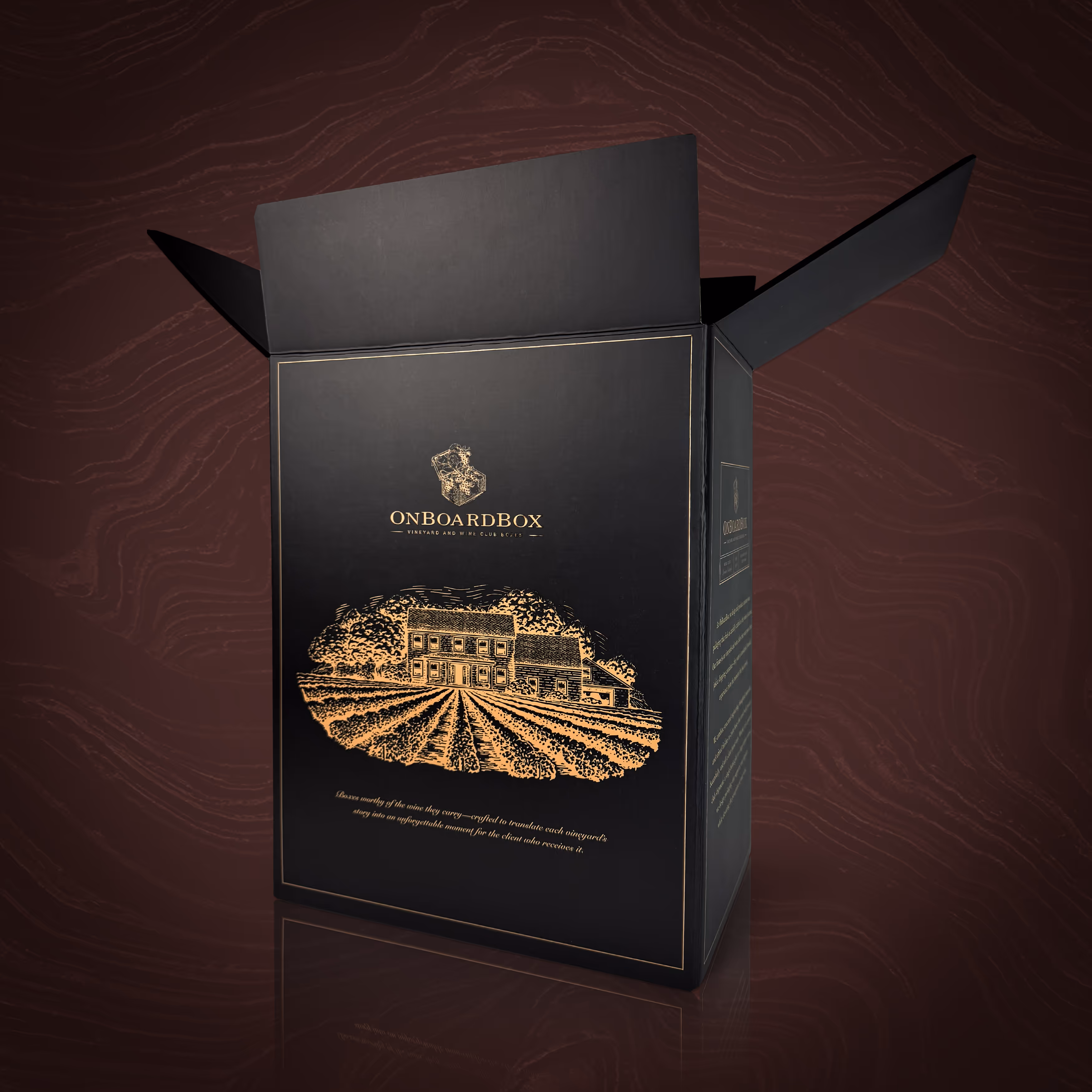 A black premium wine club box with rose gold foil logos and artworks.