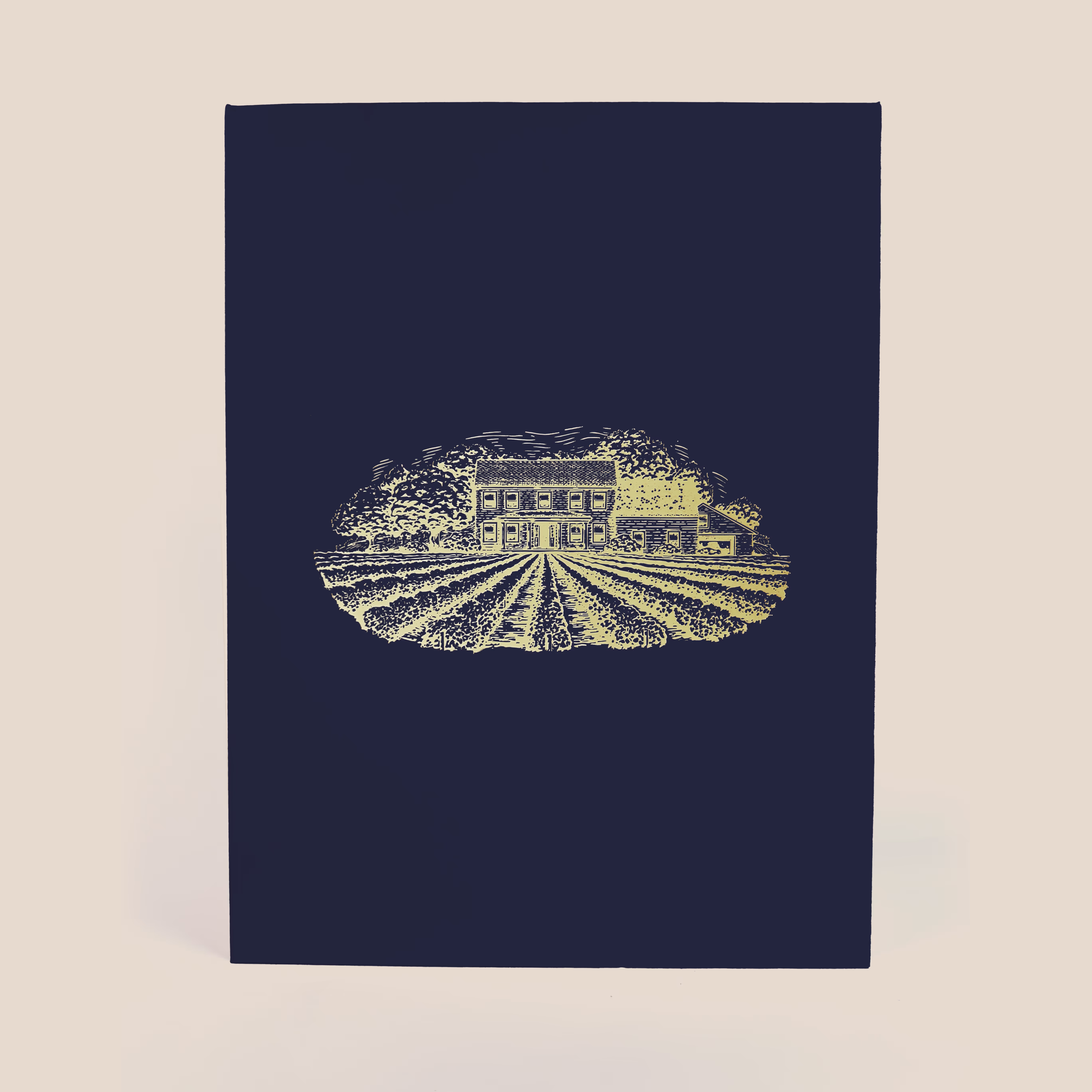 Front view of the collapsible rigid box from Onboardbox with their detailed vineyard sketch in gold foil.