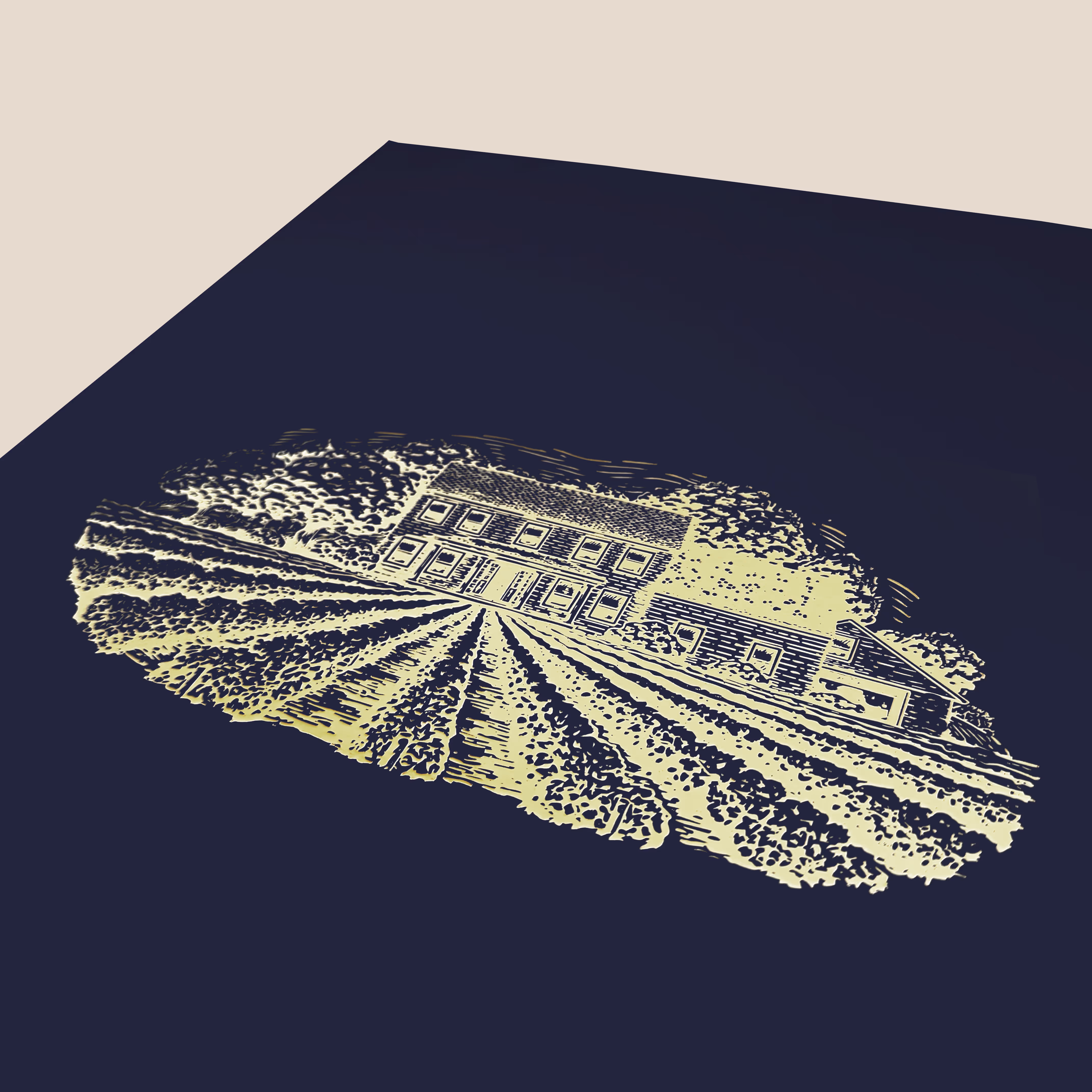 Closeup of the gold foil OnBoardBox vineyard sketch on the front of the box.