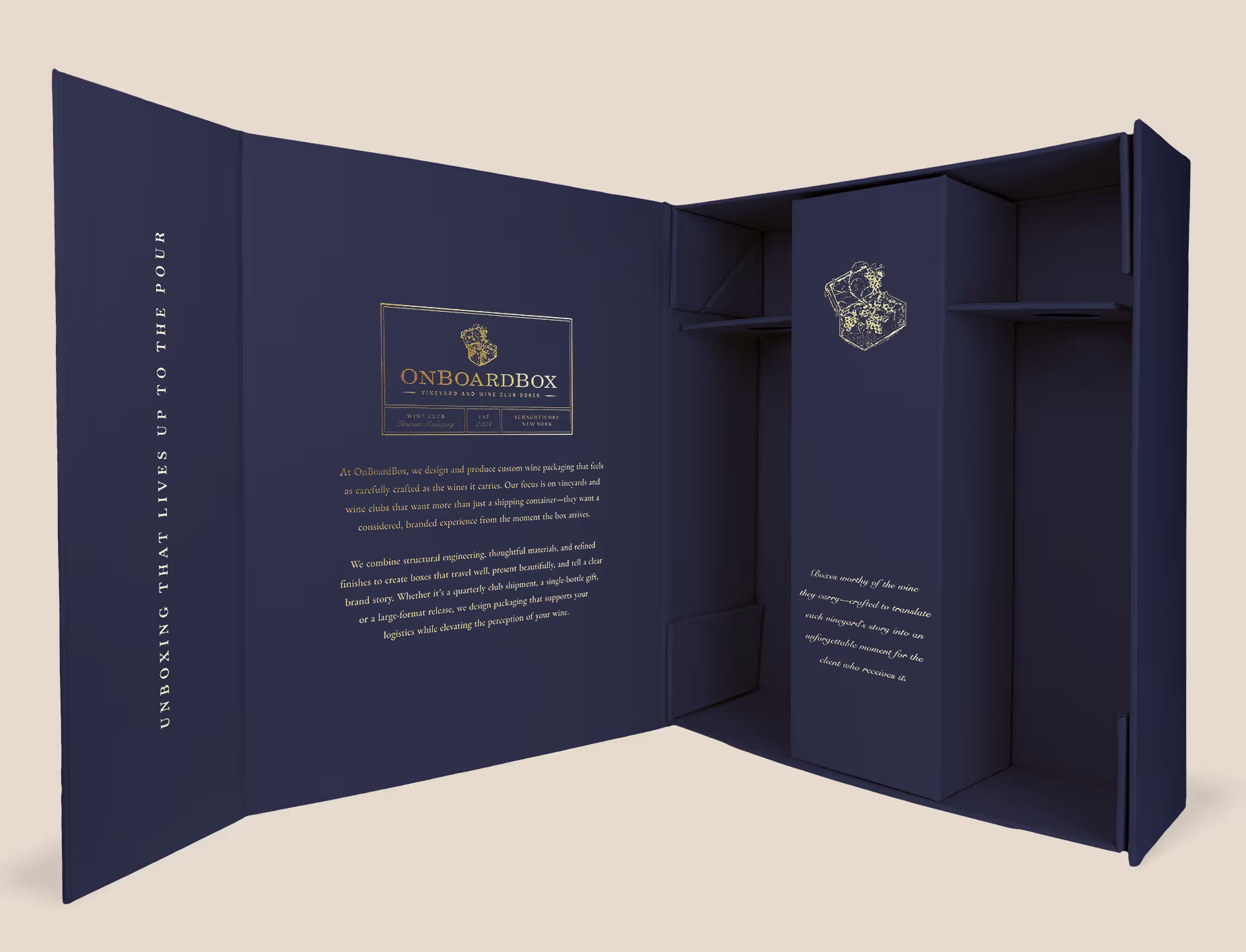 Deep royal blue open Onboardbox collapsible rigid box with highly detailed gold foiled logos.
