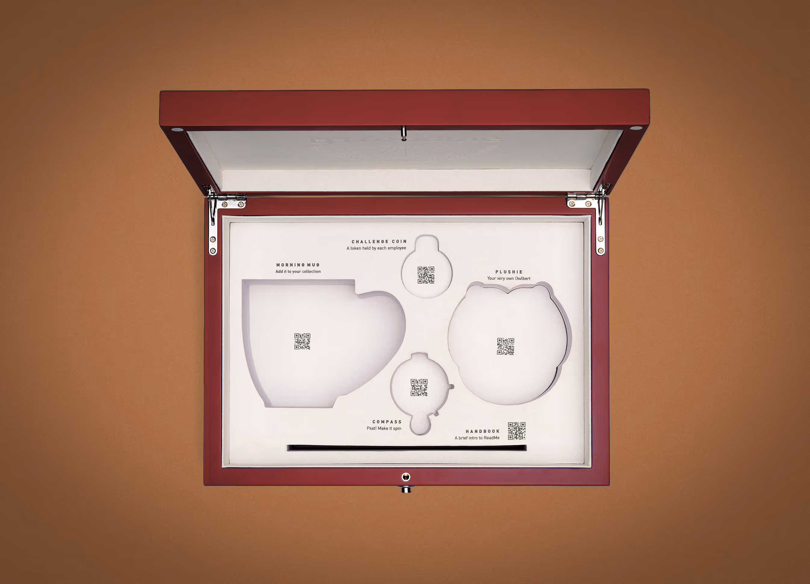 Top view of the detailed die-cut foam insert slots for the items of Readme new hire box.