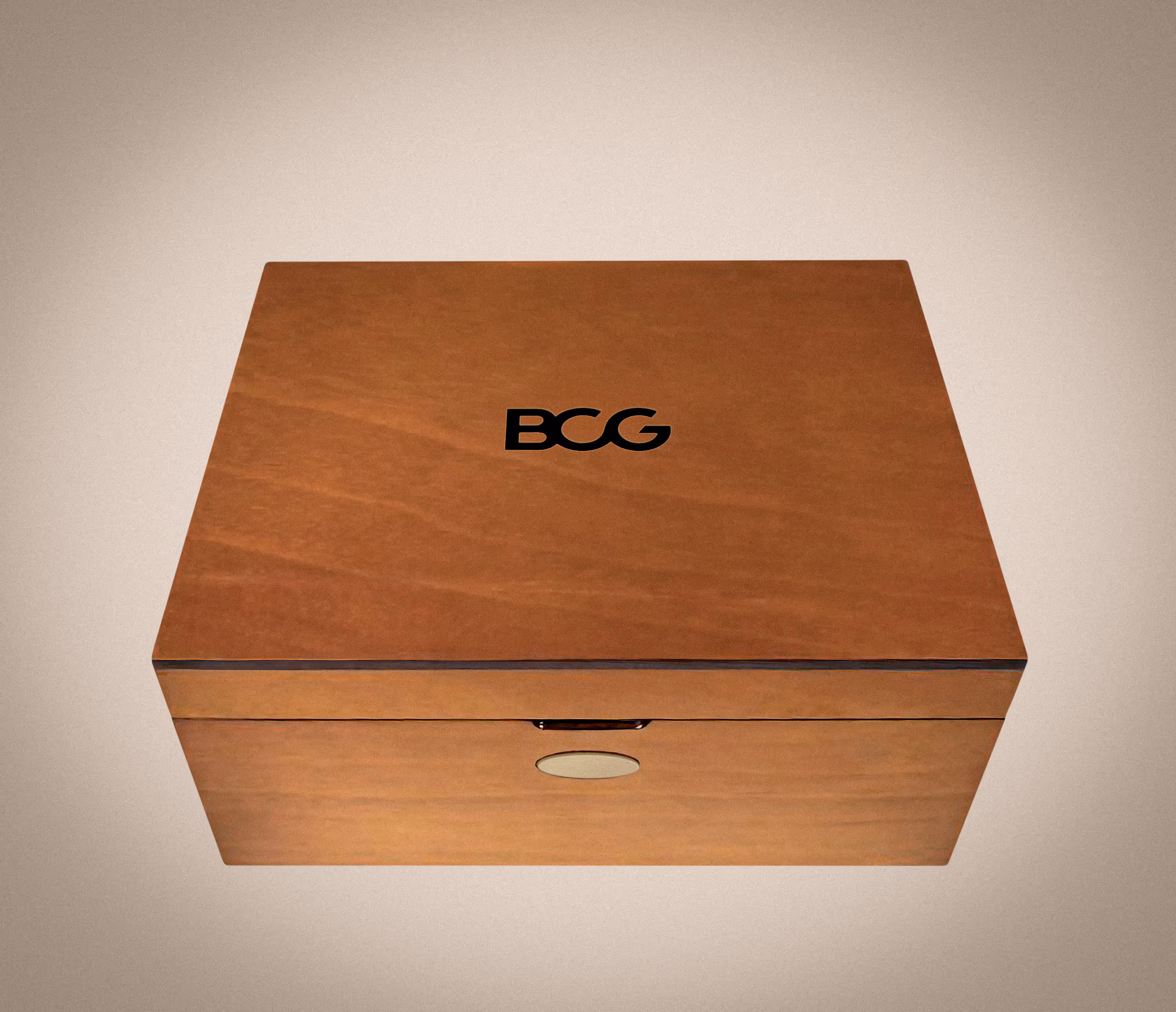 Wood veneered closed BCG wooden box with gold name plaque on the front. 