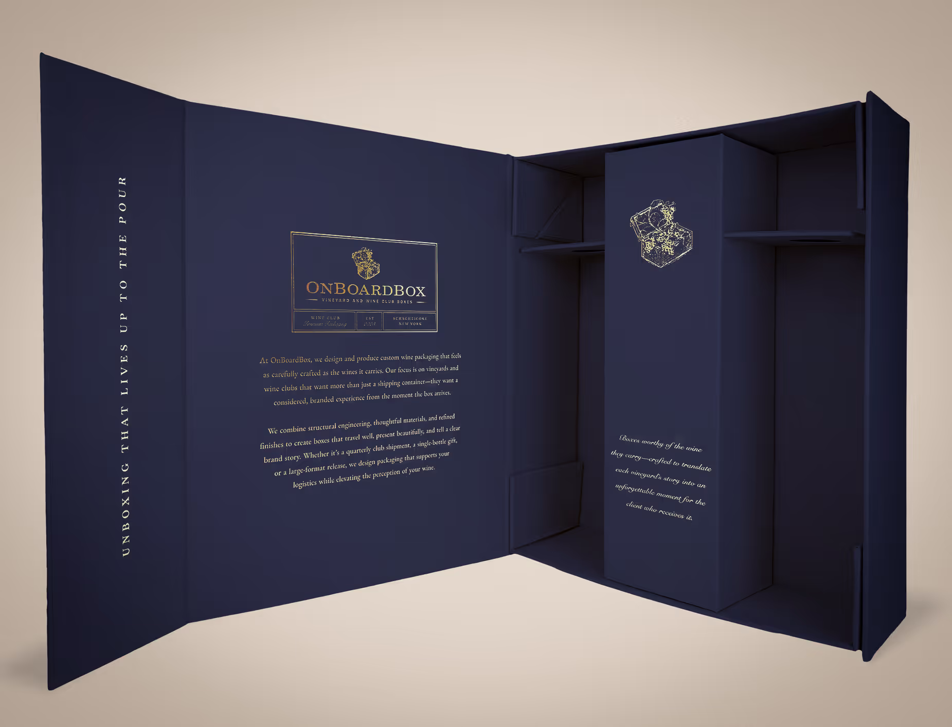 Deep royal blue open Onboardbox collapsible rigid box with highly detailed gold foiled logos.