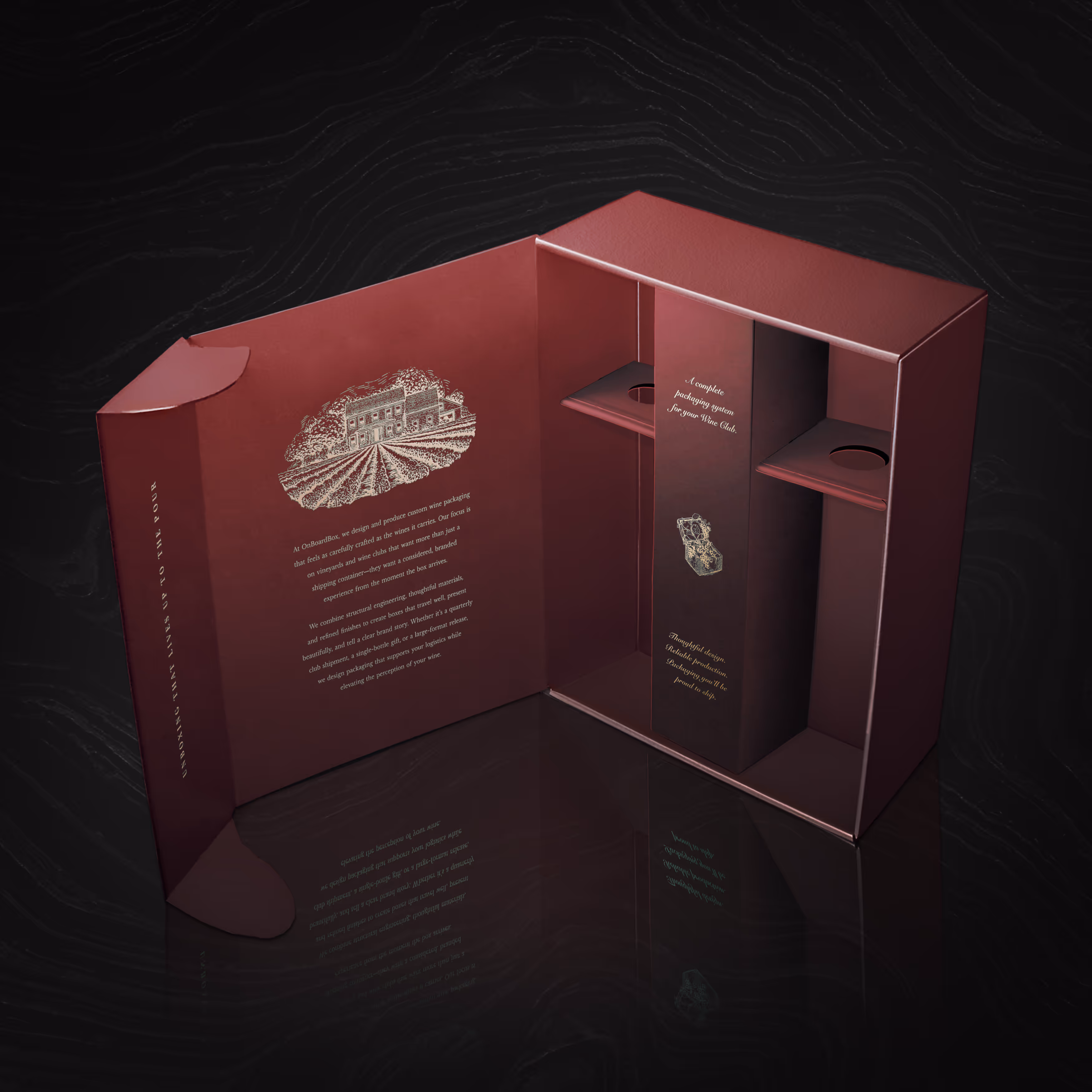 A deep crimson collapsible eco-mailer box with neutral tone gold foil logos and texts.