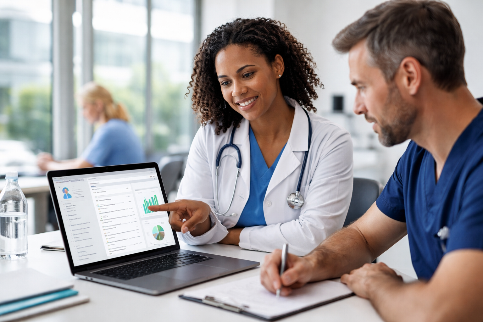 [interface] image of ai software on a tablet with hospital setting background (for an ai healthcare company)