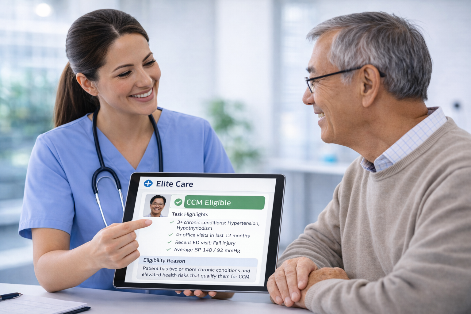 [interface] image of ai software on a tablet with hospital setting background (for an ai healthcare company)