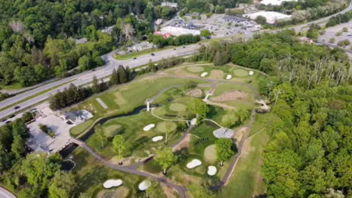 Aerial view of a miniature golf course surrounded by trees and adjacent to a road and parking lot.