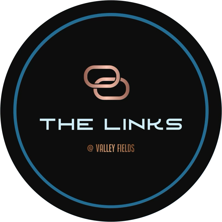 Logo featuring two interlinked chain links above the text 'THE LINKS' and '@ VALLEY FIELDS' inside a black circle with blue border on a blue background.