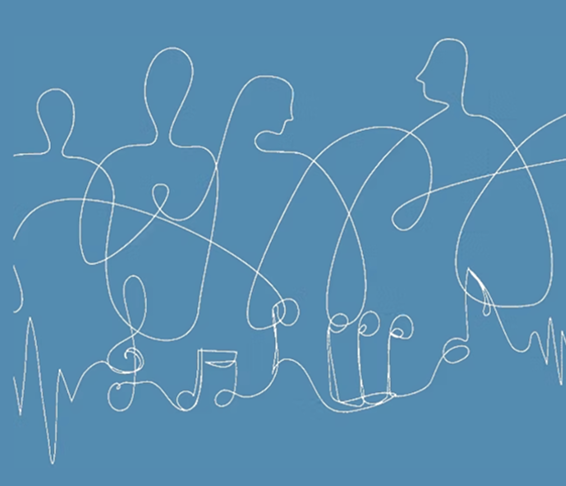 Way of Befriending image depicting five human figures intertwined with music notes and a heartbeat line.
