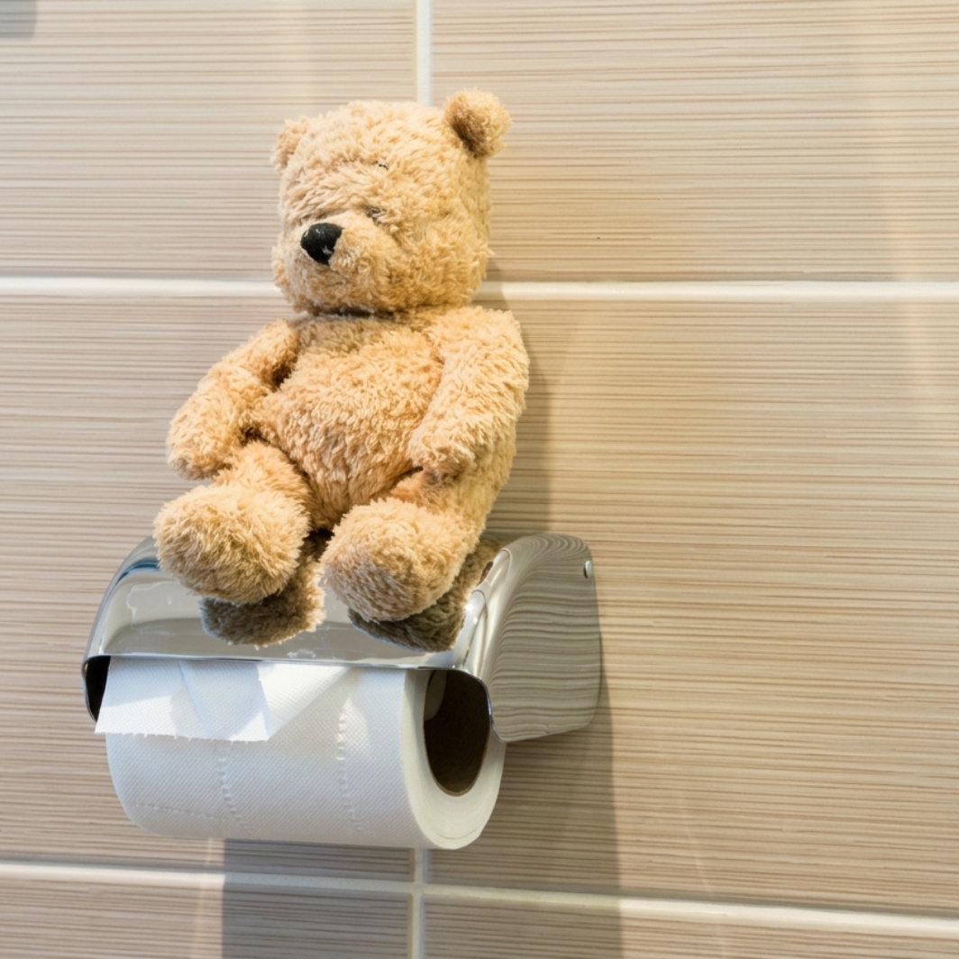 Ours en peluche sur un rouleau de papier toilette