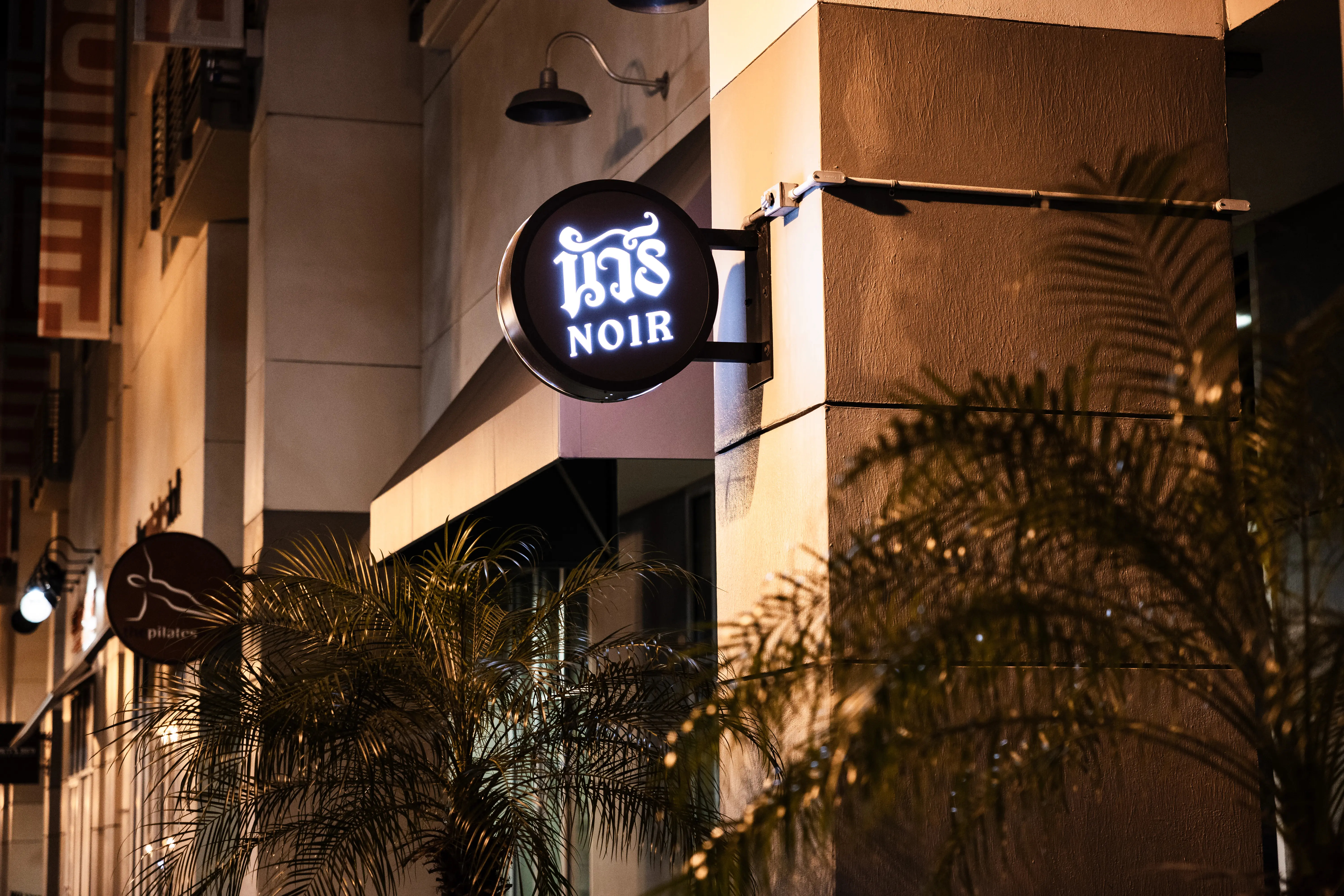Round illuminated sign with white text 'NOIR' and a stylized script above it, mounted on a building corner at night with palm leaves in the foreground.