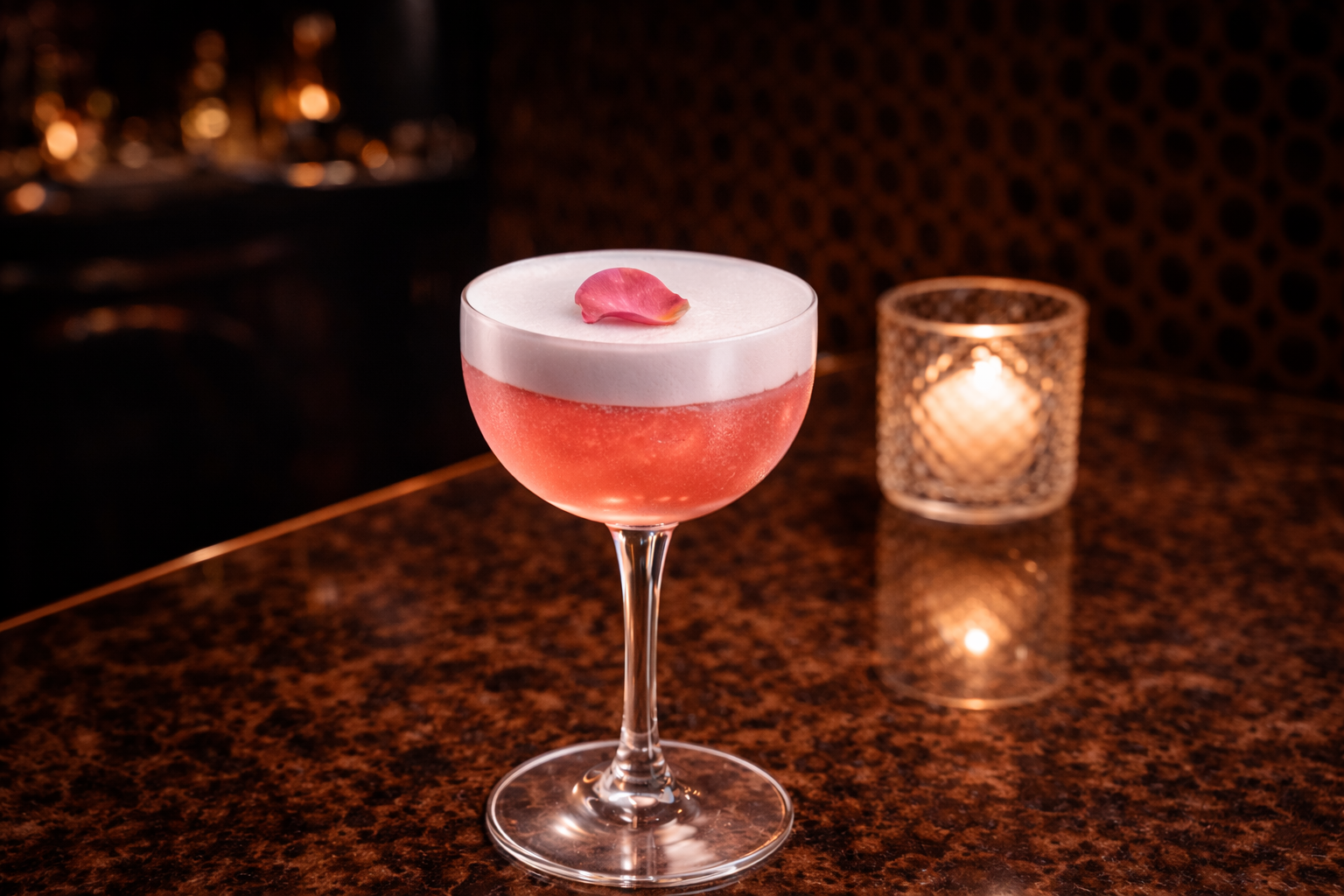 Pink cocktail with frothy white top and a rose petal garnish on a polished granite table next to a lit candle in a textured glass holder.