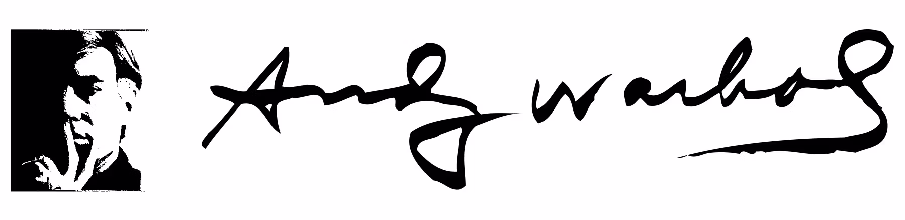 Black and white stylized portrait of a person with finger to lips next to a signature that reads Andy Warhol.