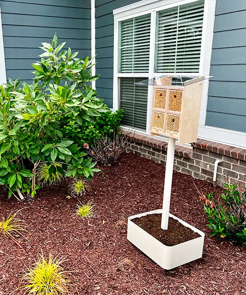 A BeeHome standing in a garden beside a building.sustainable landscaping