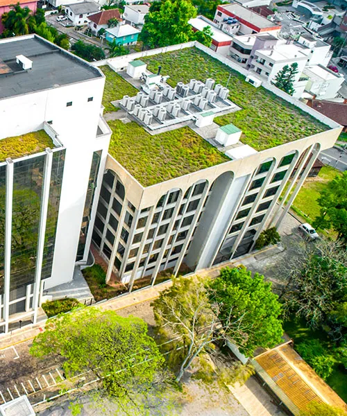 Overhead view of a building with a green roof. sustainable office design