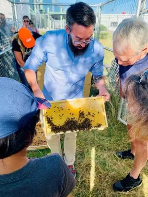 Man holding honeycomb frame of honey with bees to a group of adults. sustainable business practices