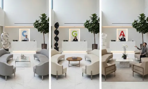 Three similar Class A office building lobbies showing standardized amenities and design.