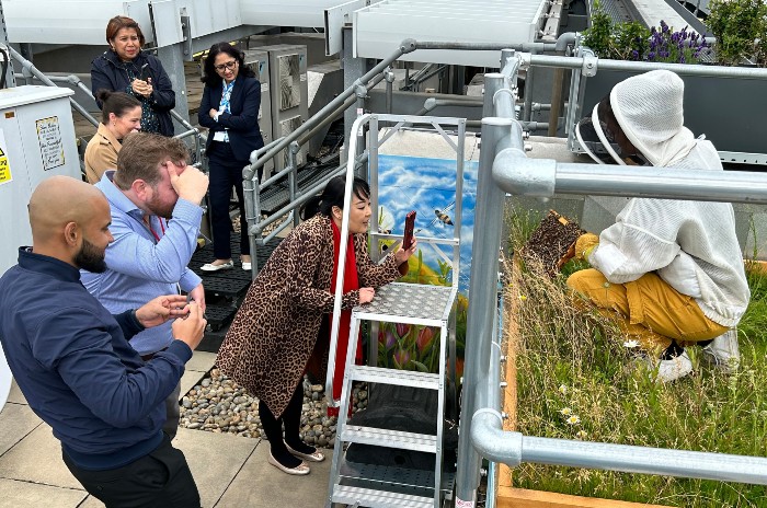 A crisp, professional shot of an Alveole beekeeper in full, clean gear, holding up a frame of honeycomb. They are showing it to a small, engaged group of office tenants. The tenants are curious and interested.
