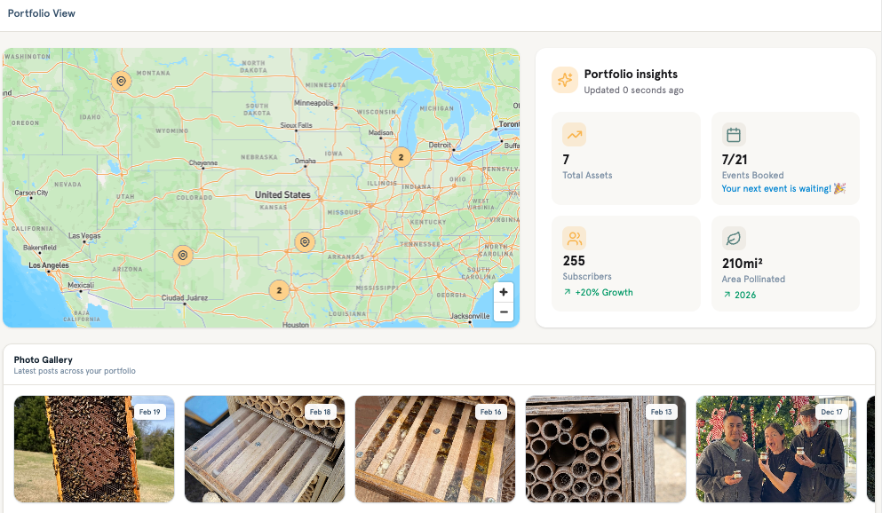 Alveole's portfolio view gives asset managers a real-time summary of program activity across all properties. Total assets, events booked, subscriber growth, and pollination area are available in a single report without requesting data from the property team.