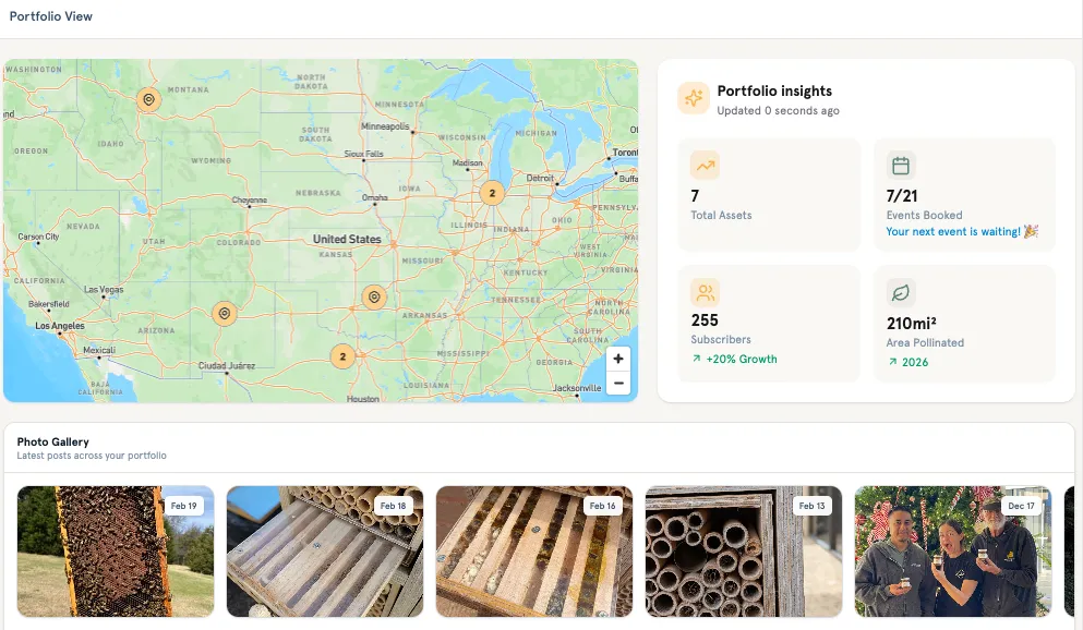 Alveole's portfolio view gives asset managers a real-time summary of program activity across all properties. Total assets, events booked, subscriber growth, and pollination area are available in a single report without requesting data from the property team.