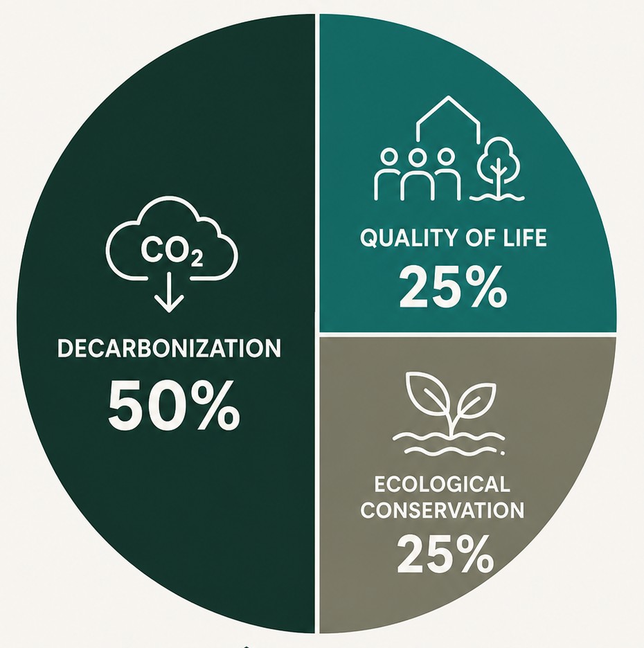The three pillars of LEED v5. Ecological conservation now carries equal weight to tenant well-being, three times what biodiversity earned in the previous version.