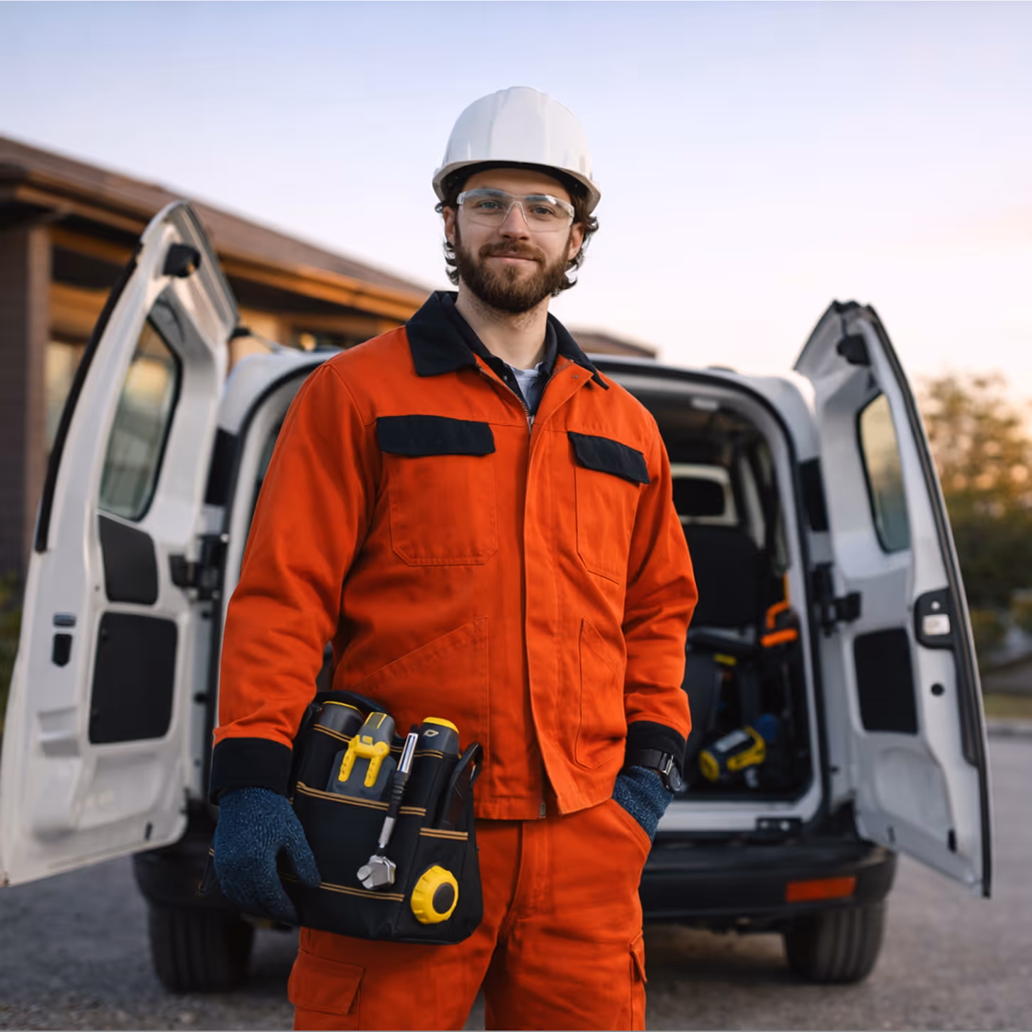 Man in red work uniform and white cap standing in front of an open white van holding a yellow and black cleaning machine.