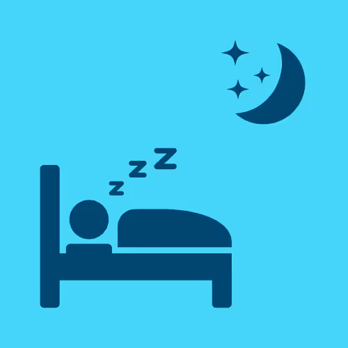 stick figure person sleeping in bed with Z's appearing above and a cresent moon with three stars in the upper right hand corner
