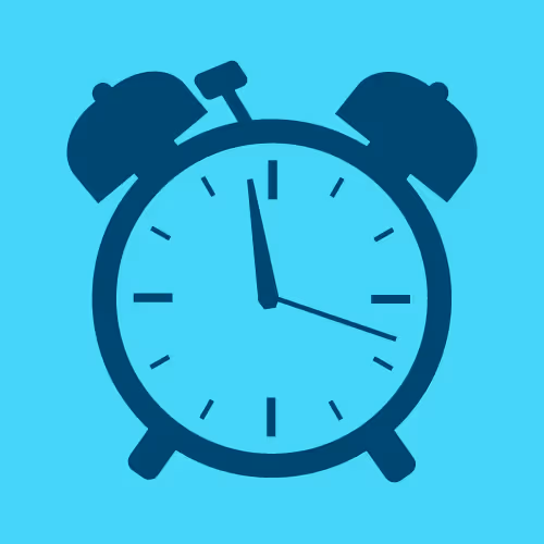 simple outline of an old fashioned alarm clock in black on a bright blue background