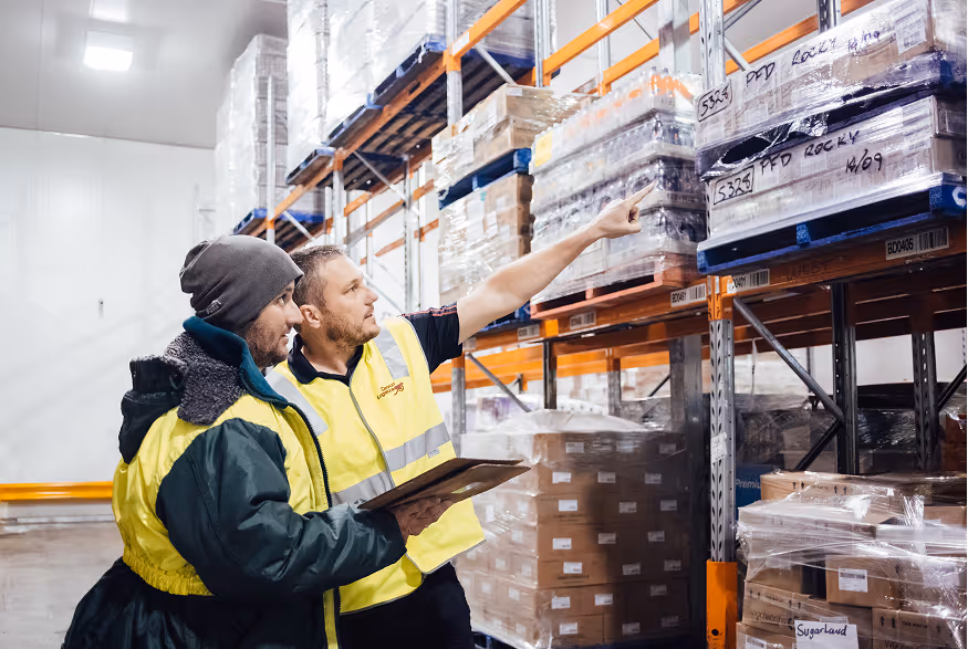 Two warehouse workers in yellow safety vests checking inventory on high shelves, one pointing and the other holding a tablet.