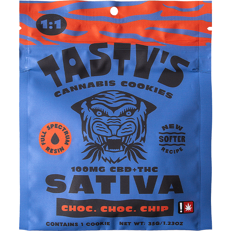 Blue and orange package of Tasty's Sativa cannabis cookie with 100mg CBD+THC, chocolate chip flavor.
