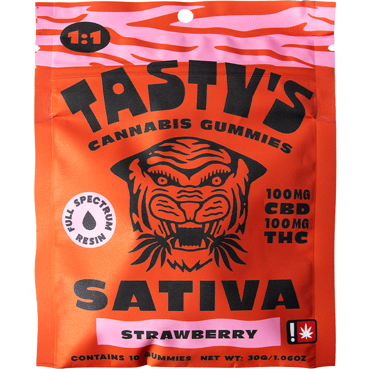 Orange and pink bag of Tasty’s strawberry cannabis gummies with 100mg CBD and THC, tiger logo.